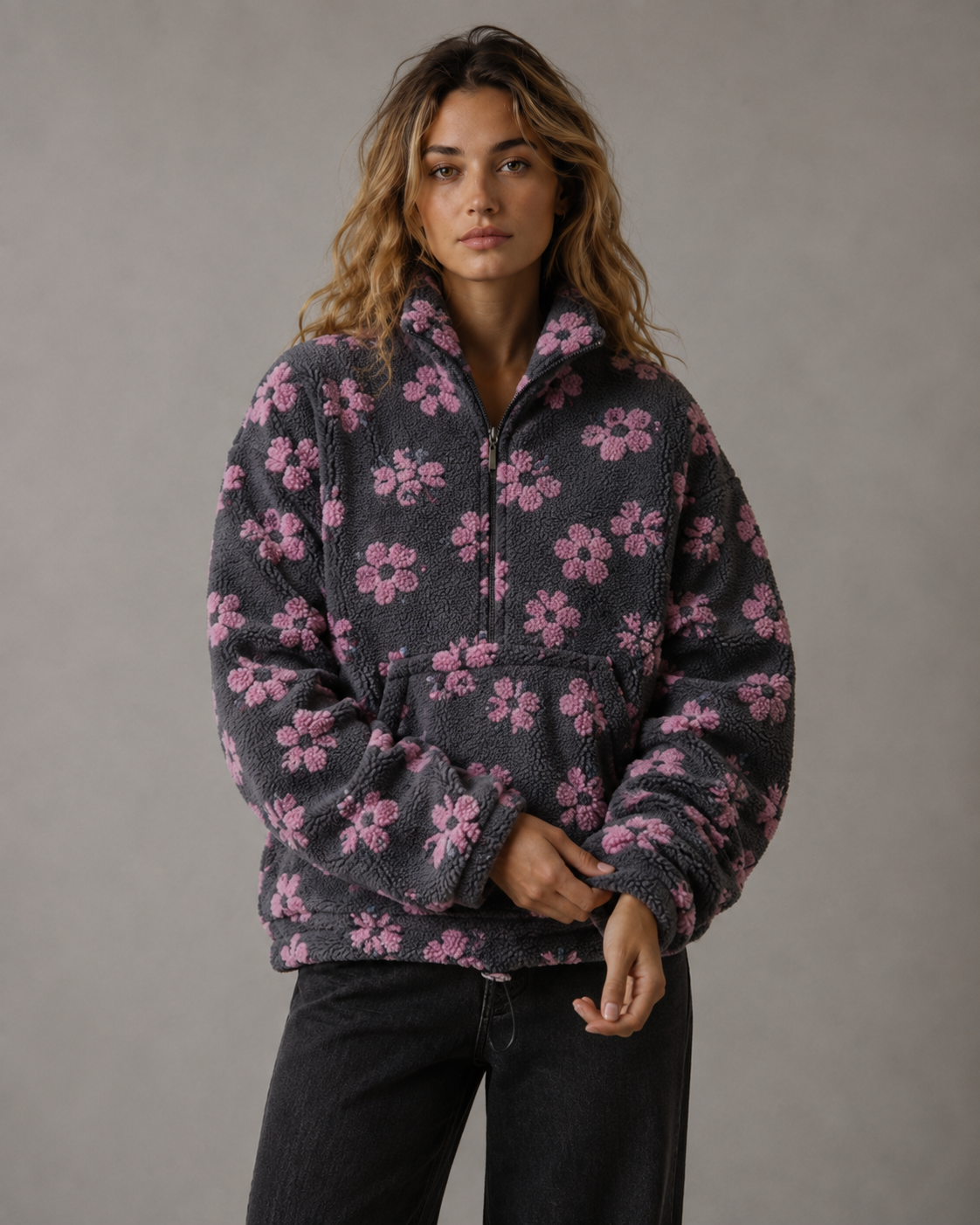 Floral Textured Funnel Neck Quarter Zip Sherpa Pullover 7