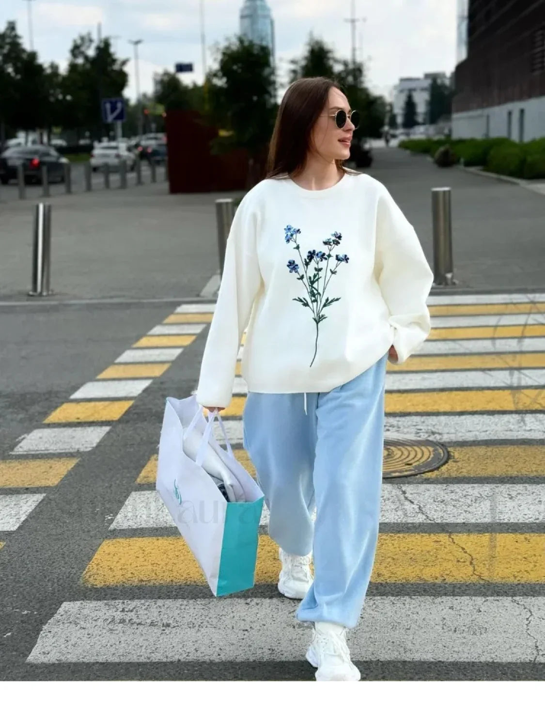 Women's Flower Print Knitted Casual Round Neck Long Sleeve Loose Sweater