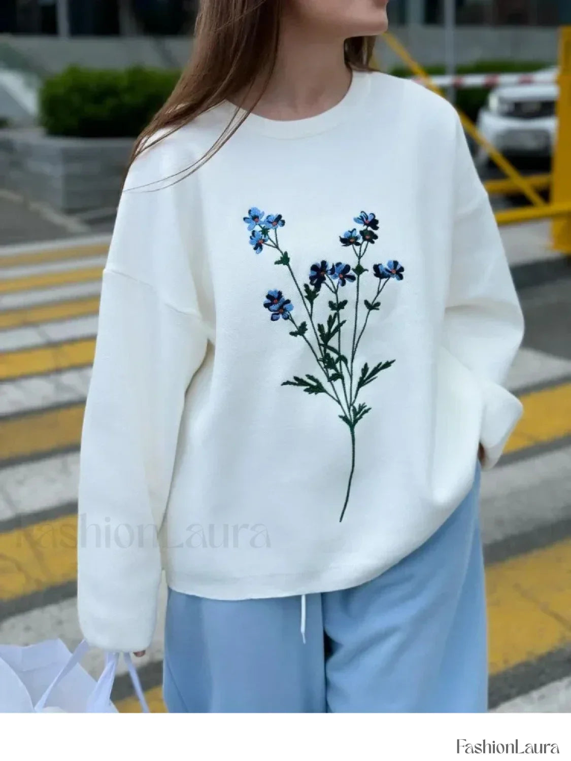 Women's Flower Print Knitted Casual Round Neck Long Sleeve Loose Sweater