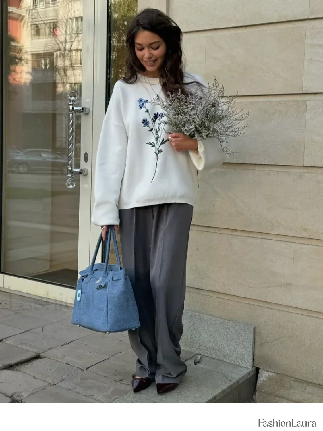 Women's Flower Print Knitted Casual Round Neck Long Sleeve Loose Sweater