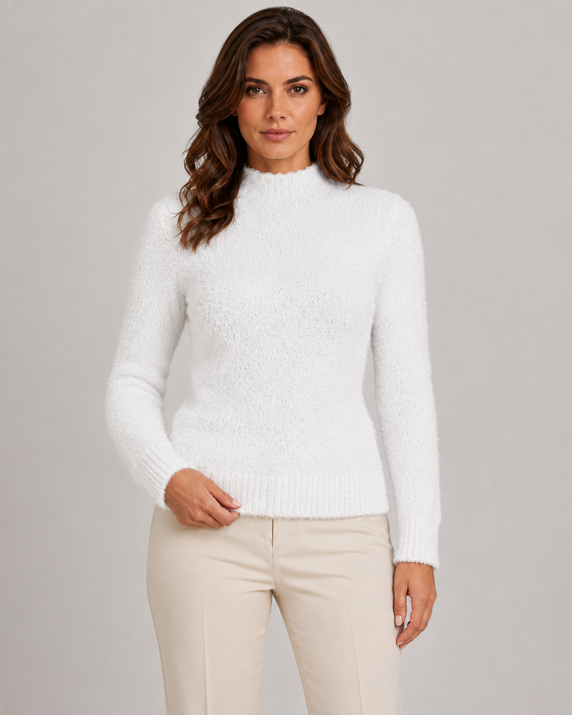 Women's Fluffy Mock Neck Sweater - Fitted Long Sleeve