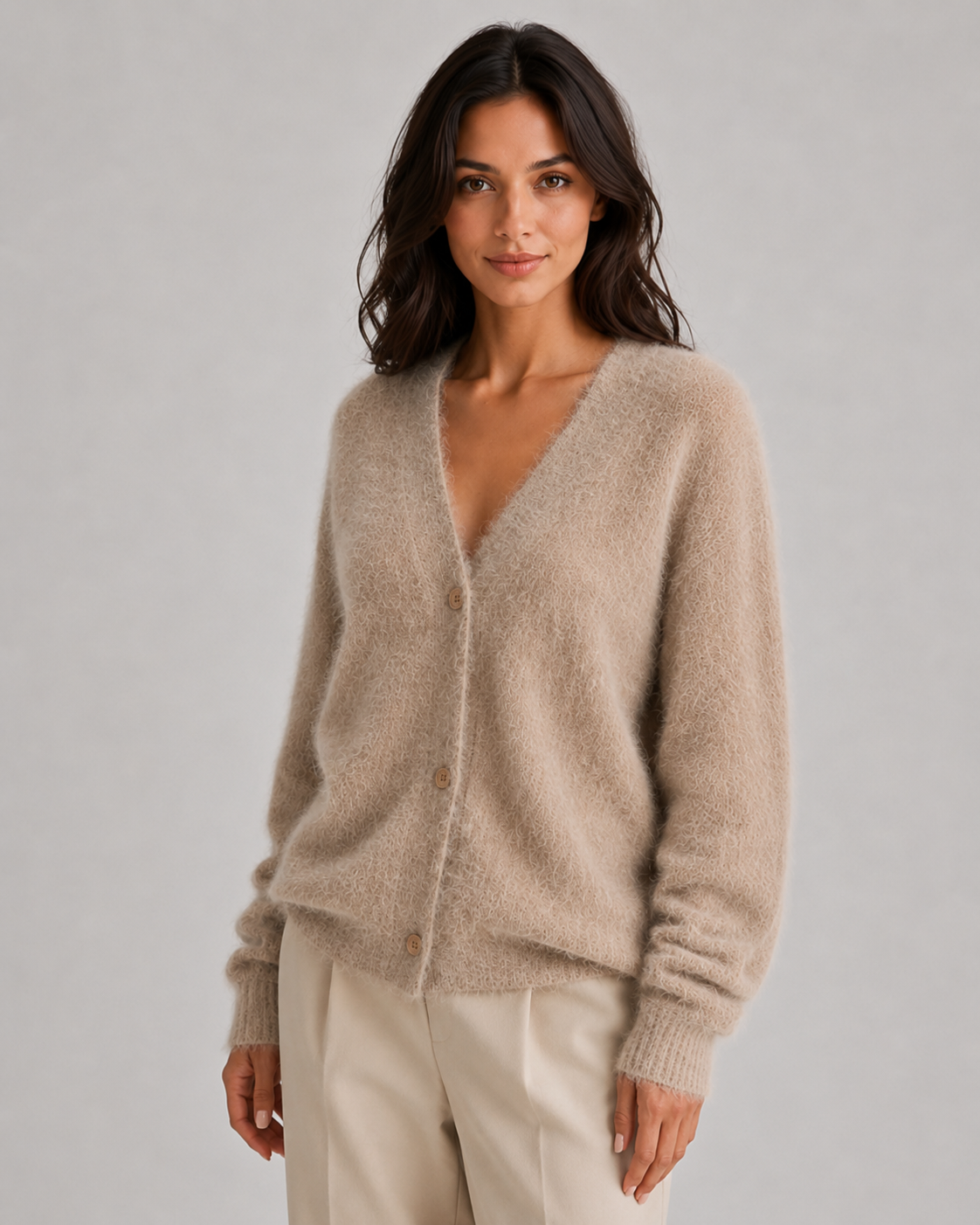 Women's Fluffy V-Neck Cardigan with Button Front
