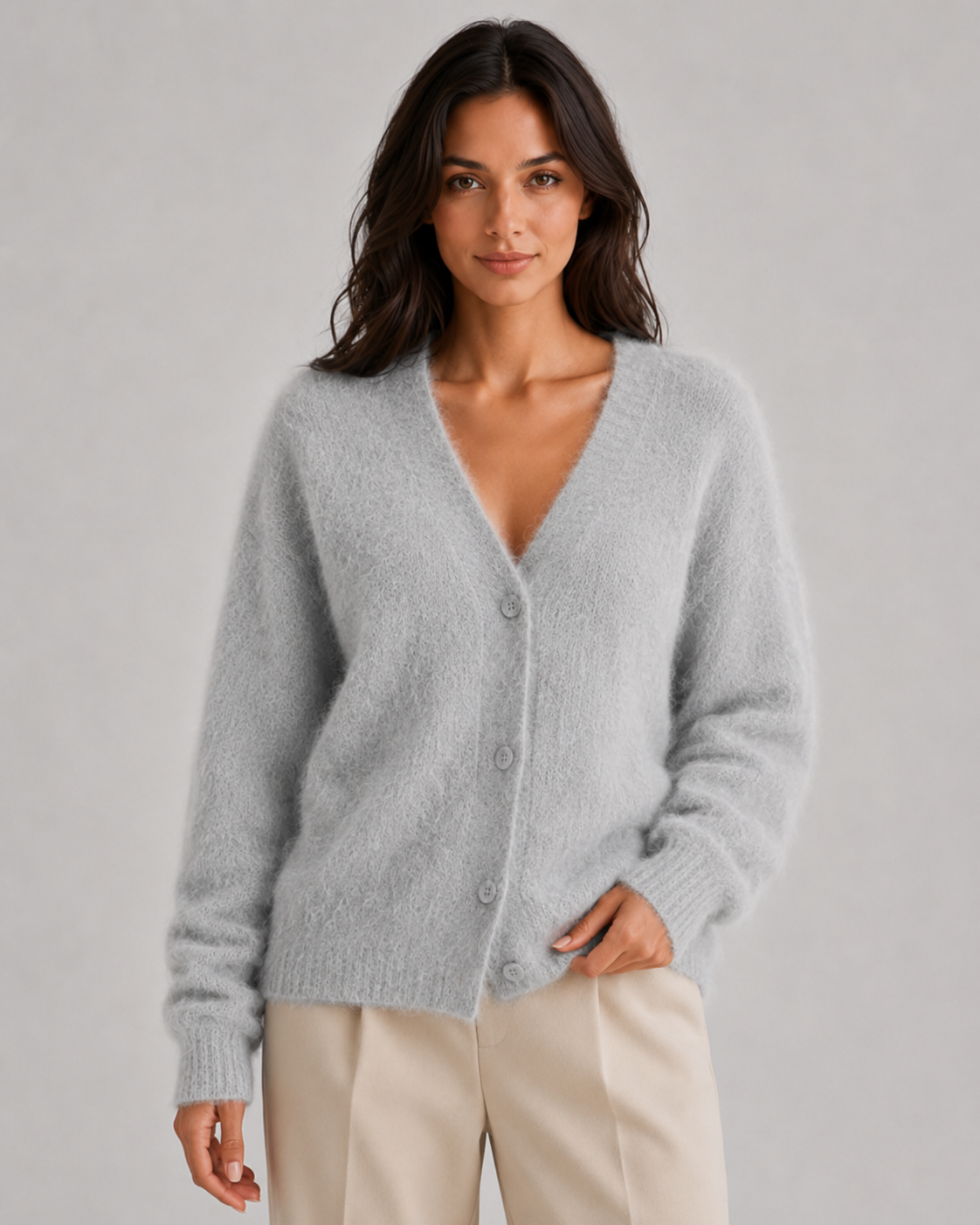Women's Fluffy V-Neck Cardigan with Button Front