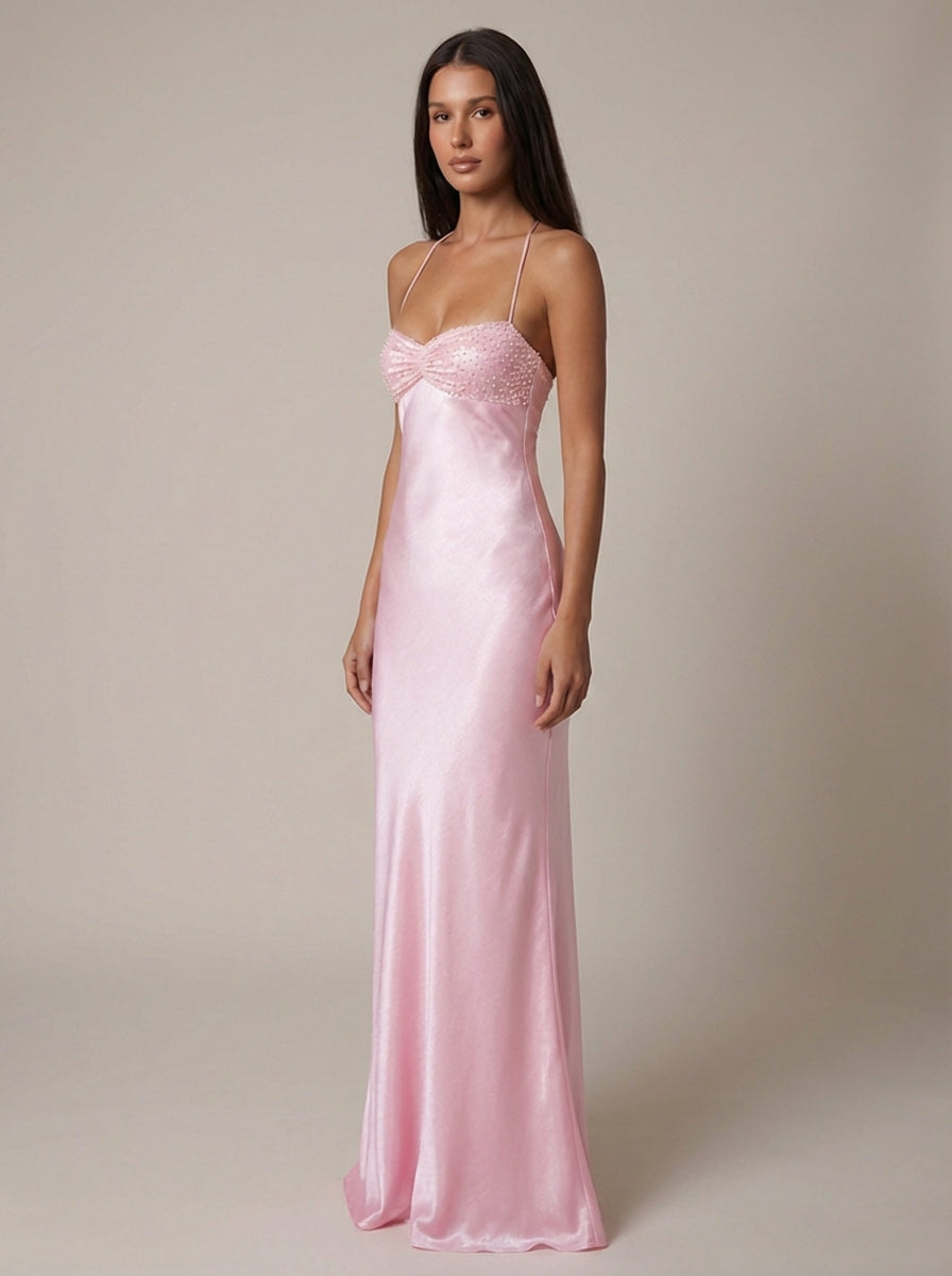 Satin Beaded Bust Strappy Back Slip Maxi Dress