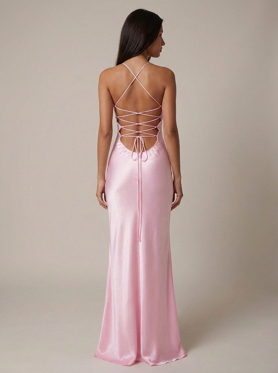 Satin Beaded Bust Strappy Back Slip Maxi Dress
