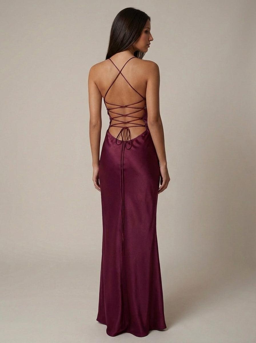 Satin Beaded Bust Strappy Back Slip Maxi Dress