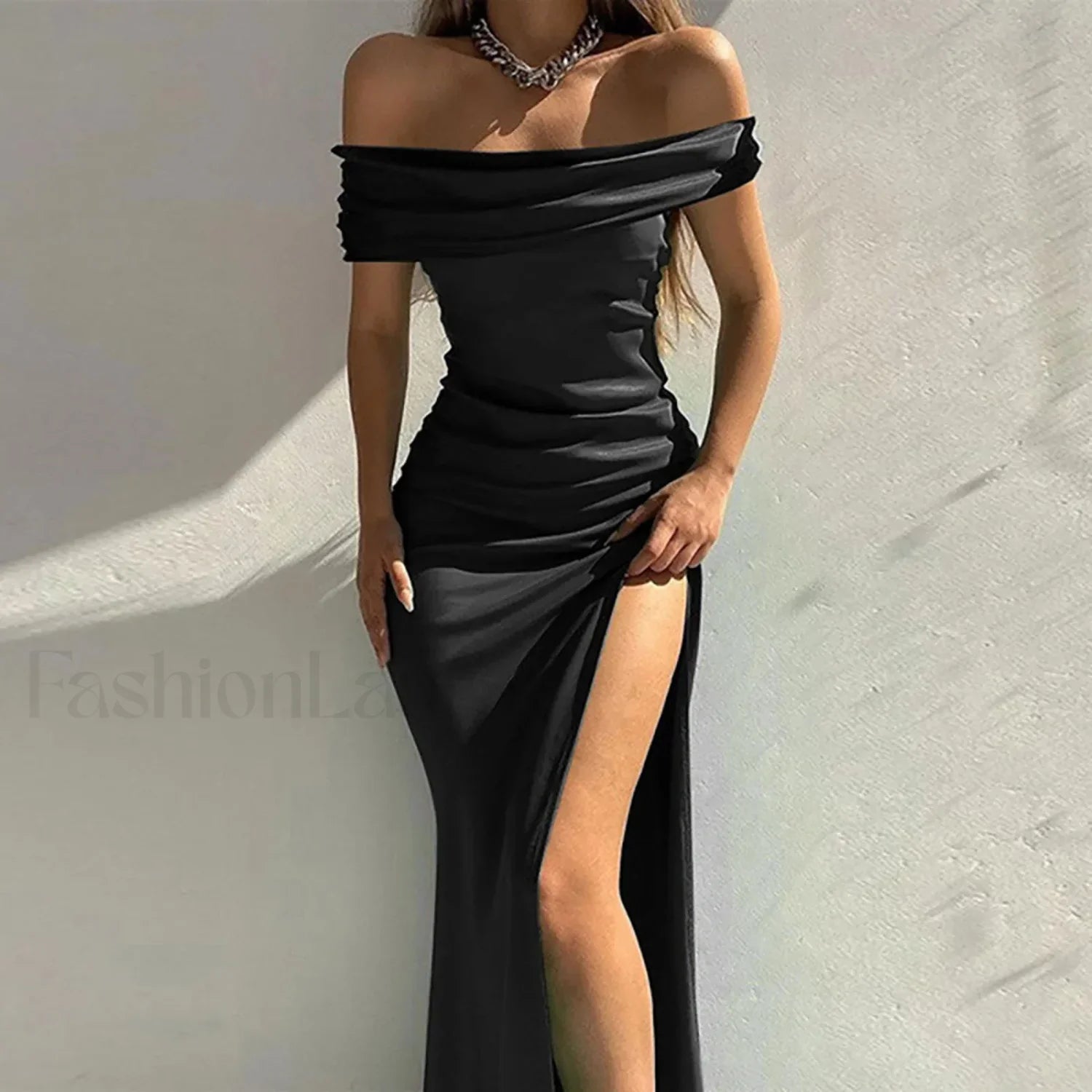 Women's Formal Fashion Solid Color Off Shoulder Satin Slim Side Slit Midi Elegant Evening Prom Dress