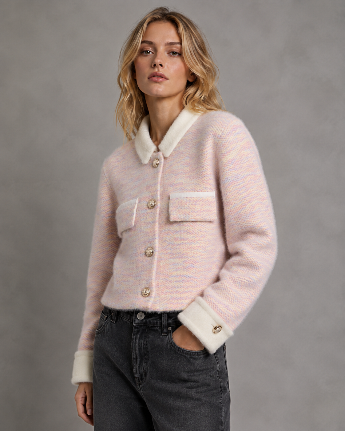 Women's Fuzzy Cropped Cardigan - Contrast Collar