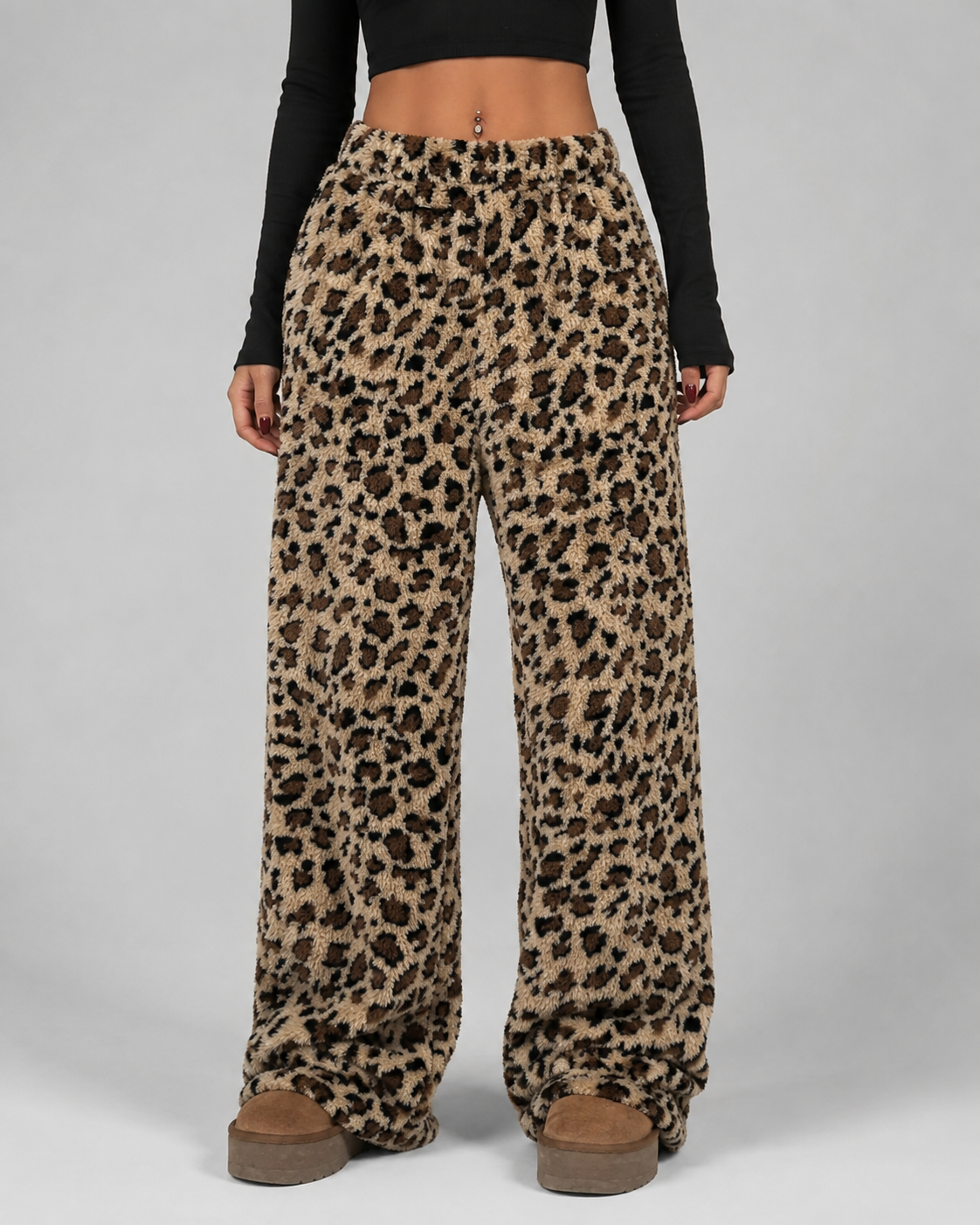 Fuzzy Leopard Print High Waist Wide Leg Pants