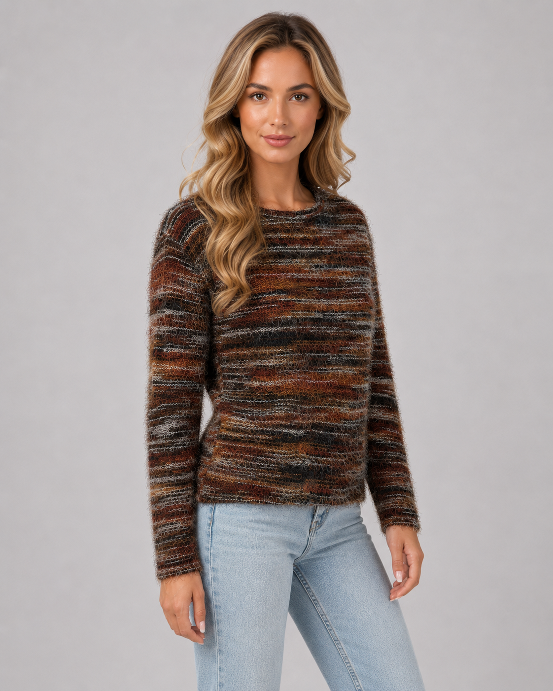 Crew Neck Long Sleeve Fuzzy Striped Knit Sweater