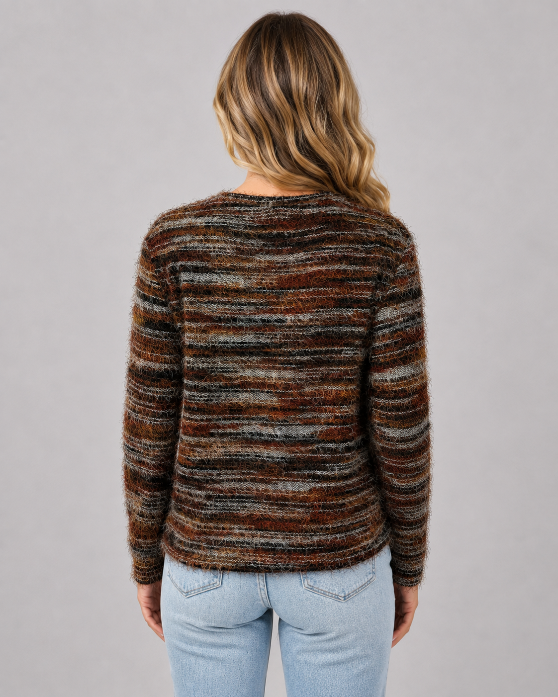 Crew Neck Long Sleeve Fuzzy Striped Knit Sweater