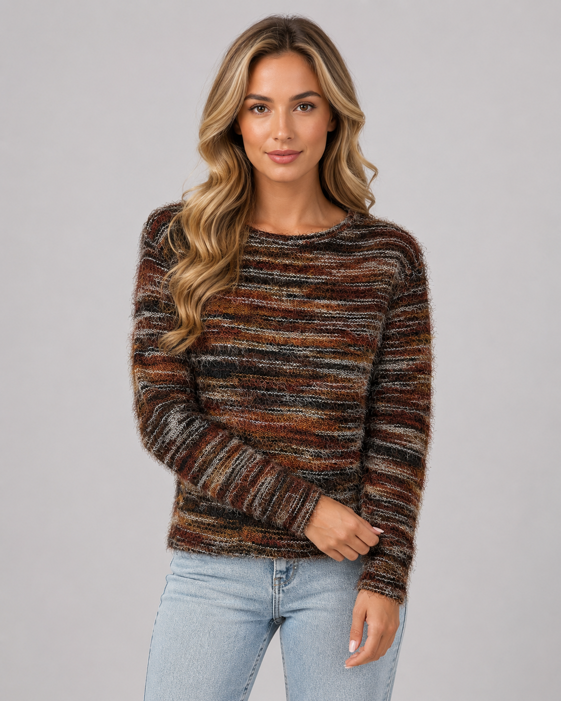 Crew Neck Long Sleeve Fuzzy Striped Knit Sweater