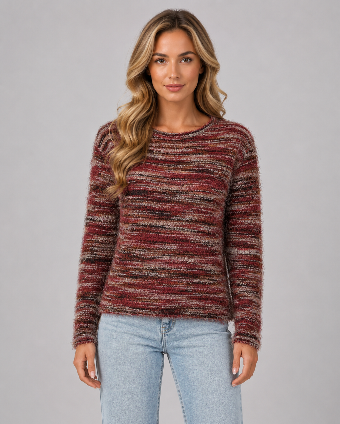 Crew Neck Long Sleeve Fuzzy Striped Knit Sweater