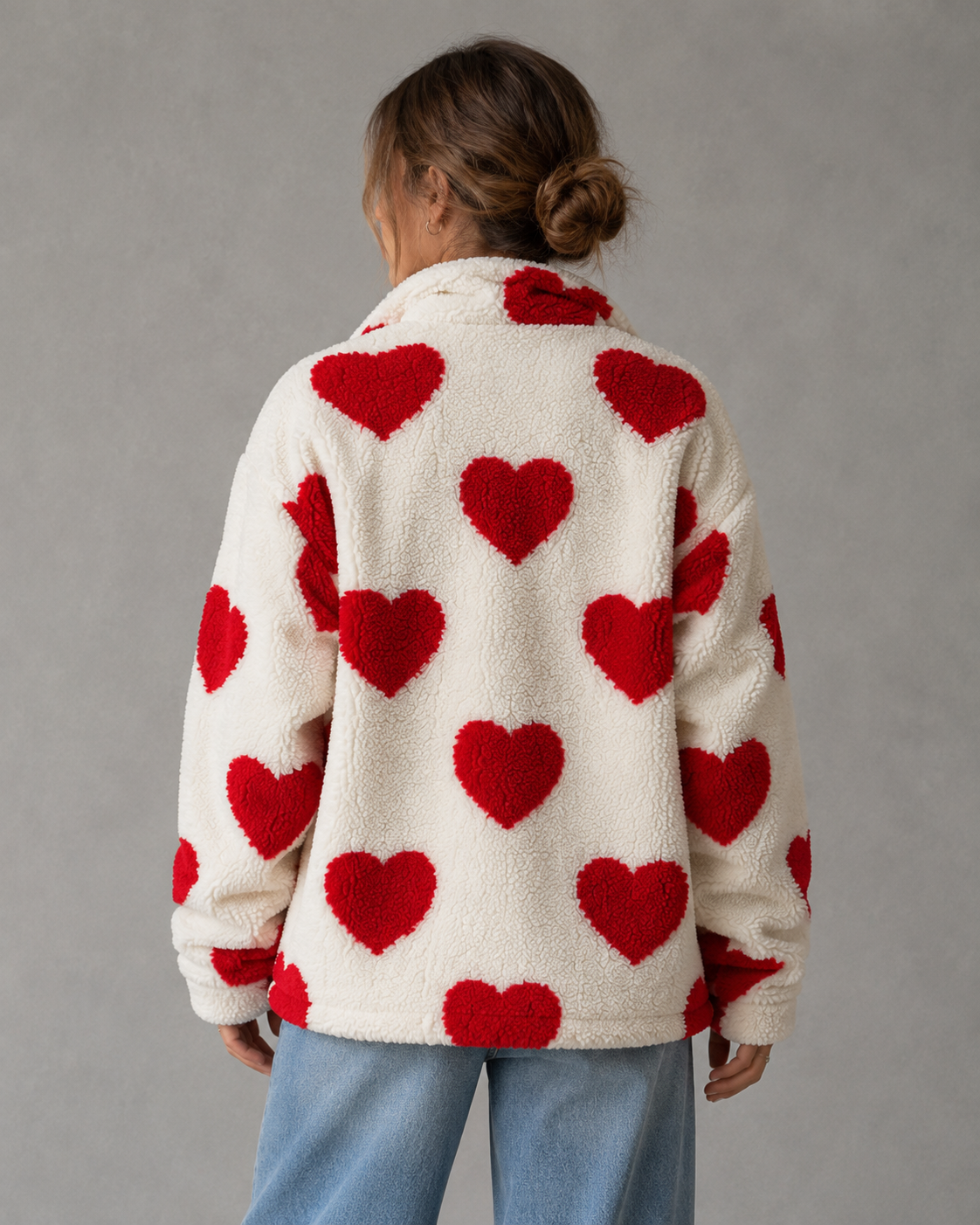 Heart Print Zip Front Teddy Fleece Jacket