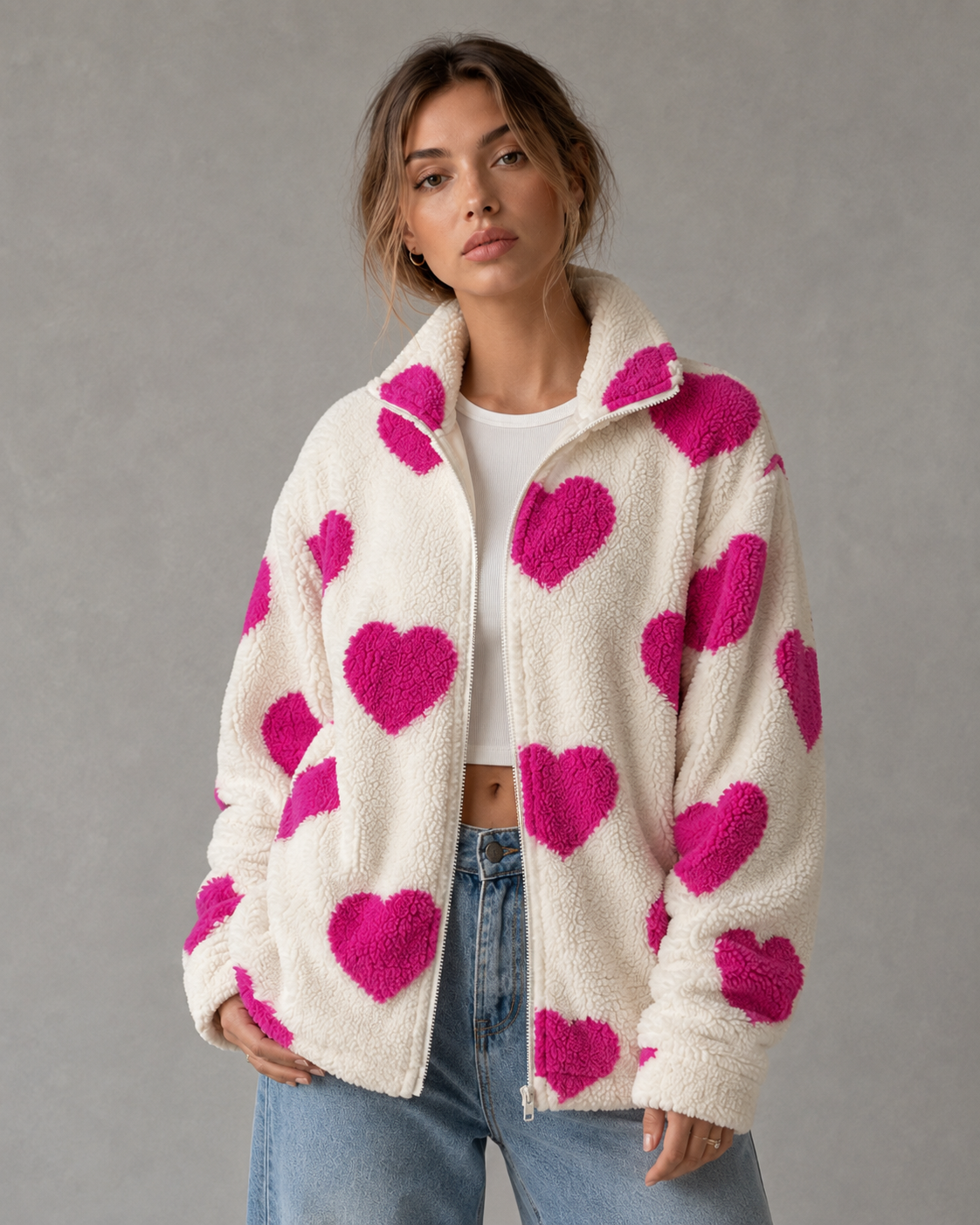 Heart Print Zip Front Teddy Fleece Jacket
