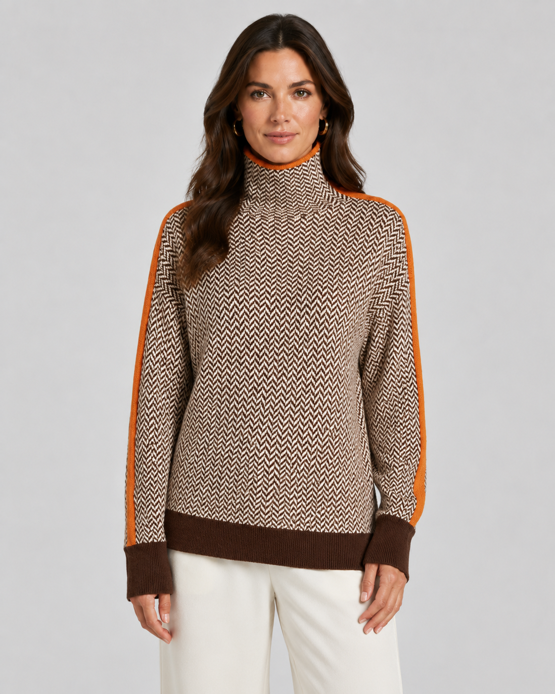 Herringbone Turtleneck Long Sleeve Side Stripe Sweater