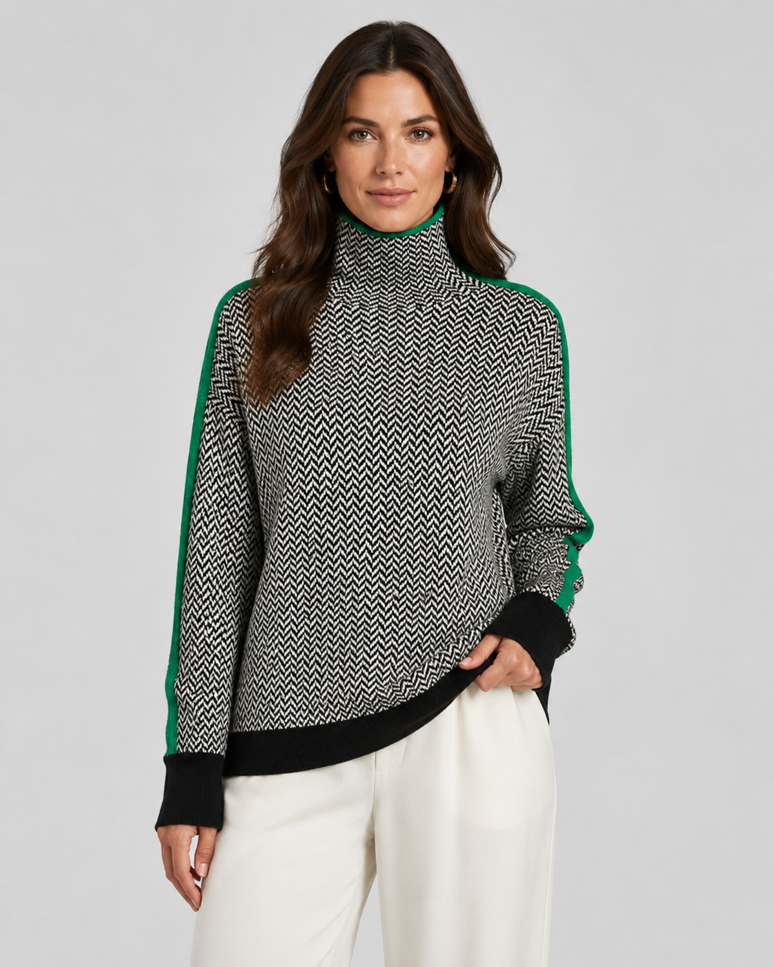 Herringbone Turtleneck Long Sleeve Side Stripe Sweater