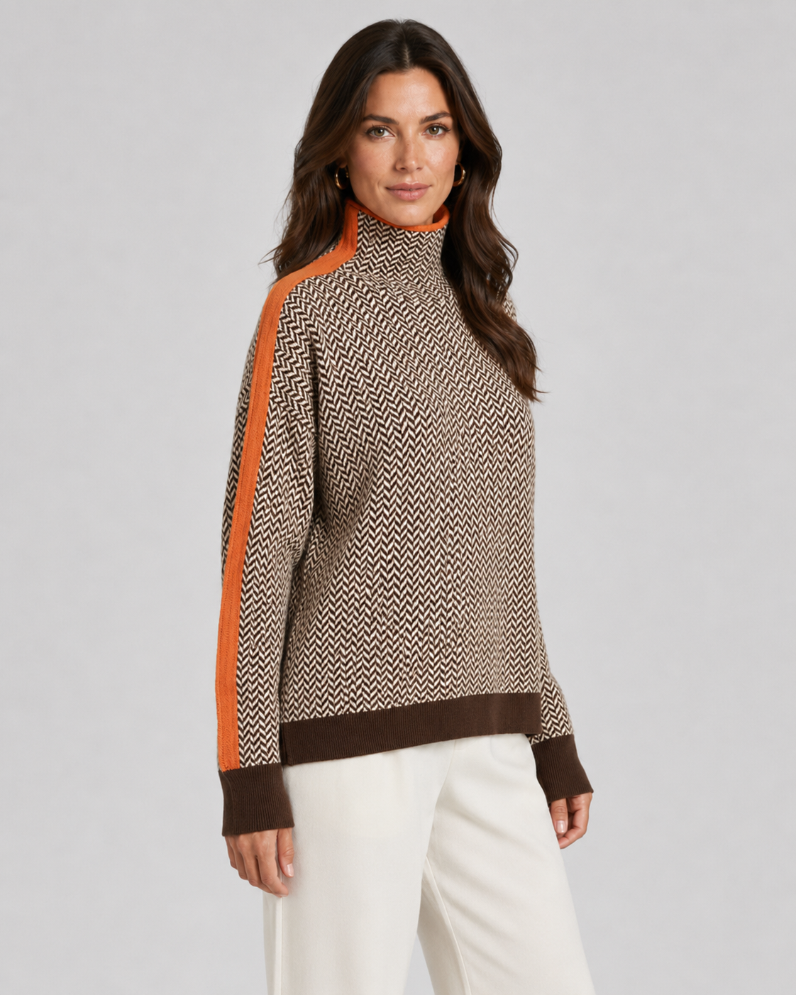 Herringbone Turtleneck Long Sleeve Side Stripe Sweater