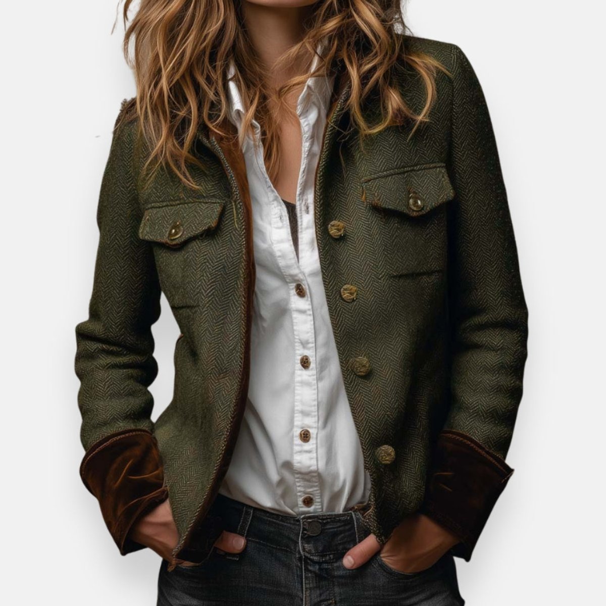 Herringbone Tweed Stand Collar Button Front Military Jacket