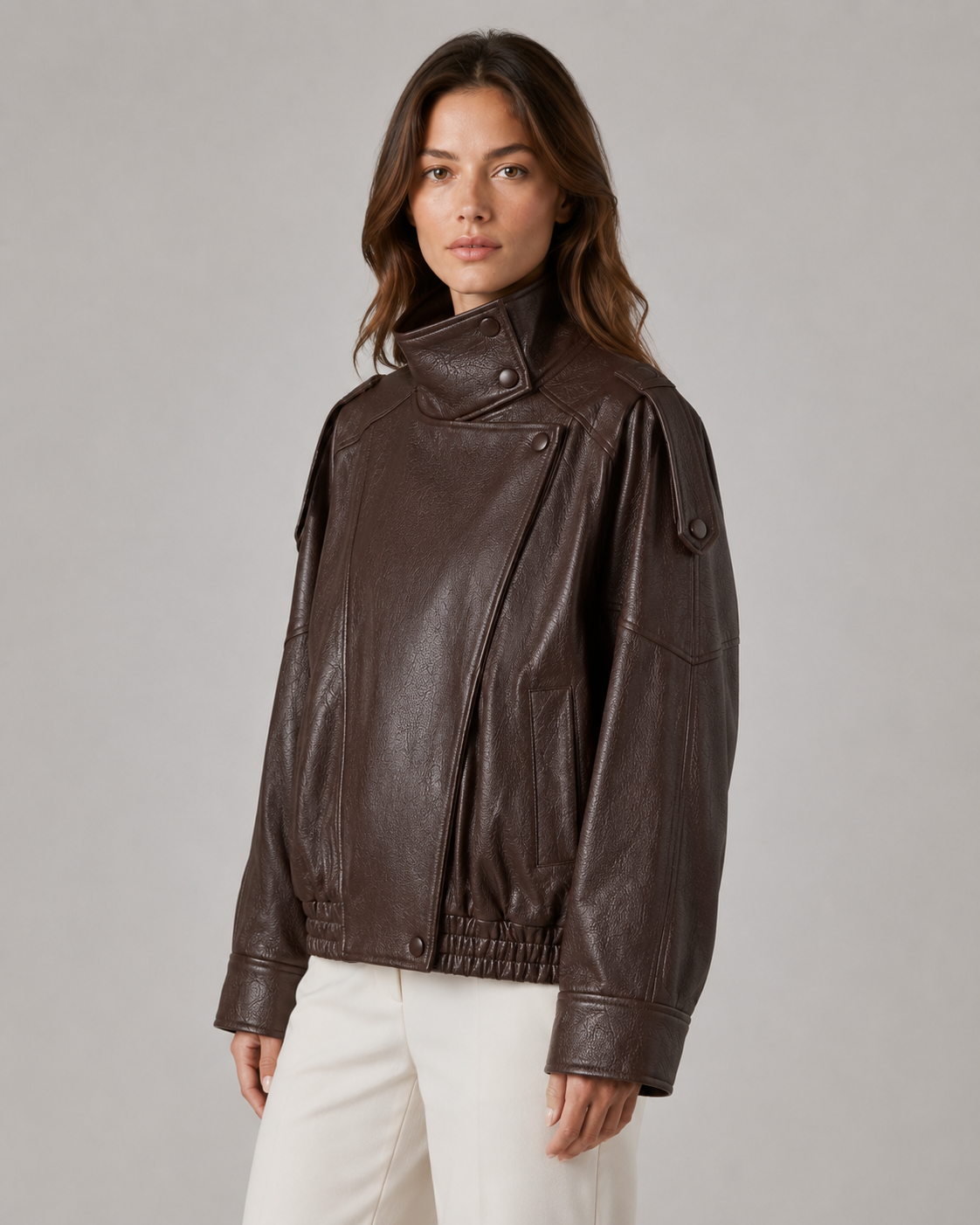 High Neck Zip Front Faux Leather Oversized Jacket