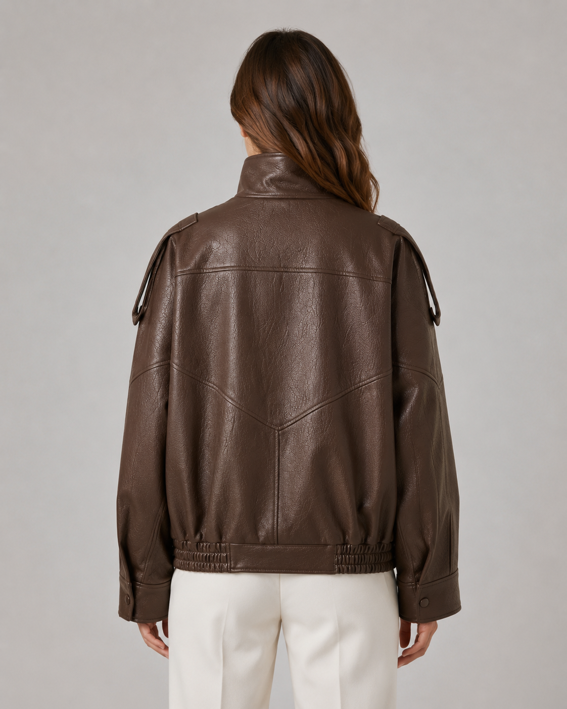 High Neck Zip Front Faux Leather Oversized Jacket