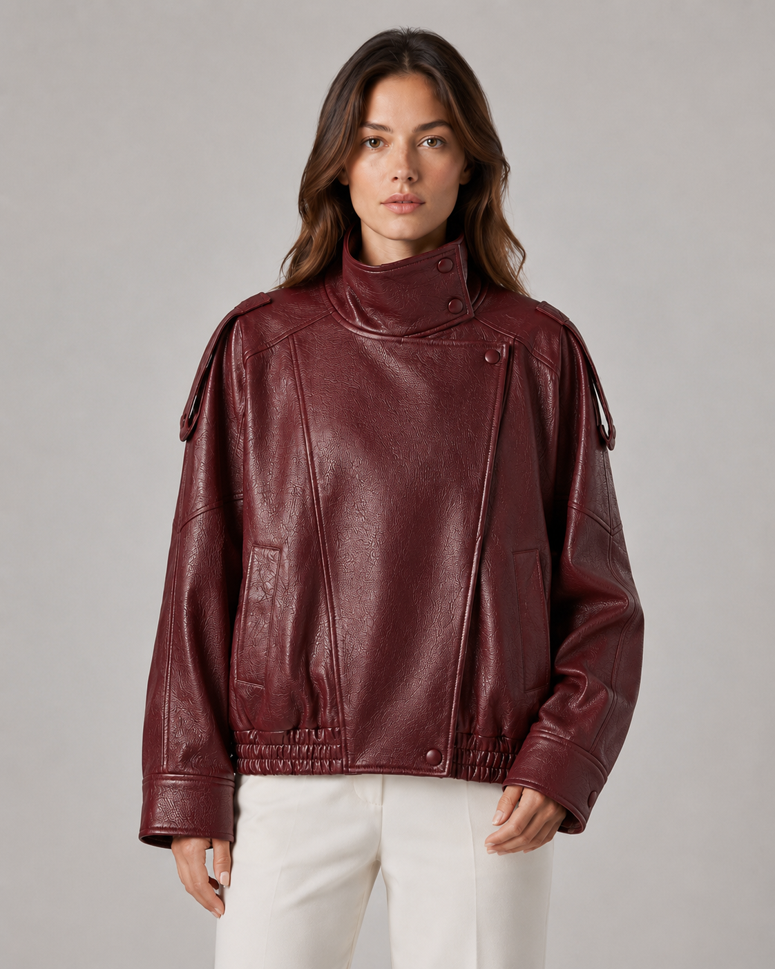 High Neck Zip Front Faux Leather Oversized Jacket