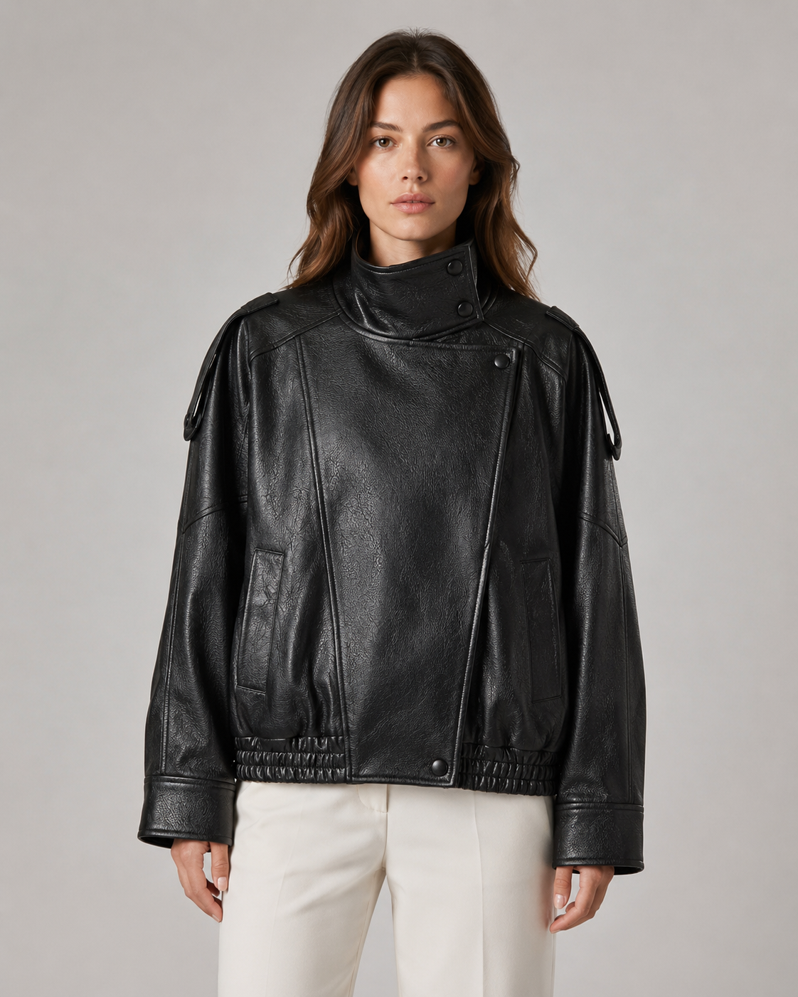 High Neck Zip Front Faux Leather Oversized Jacket