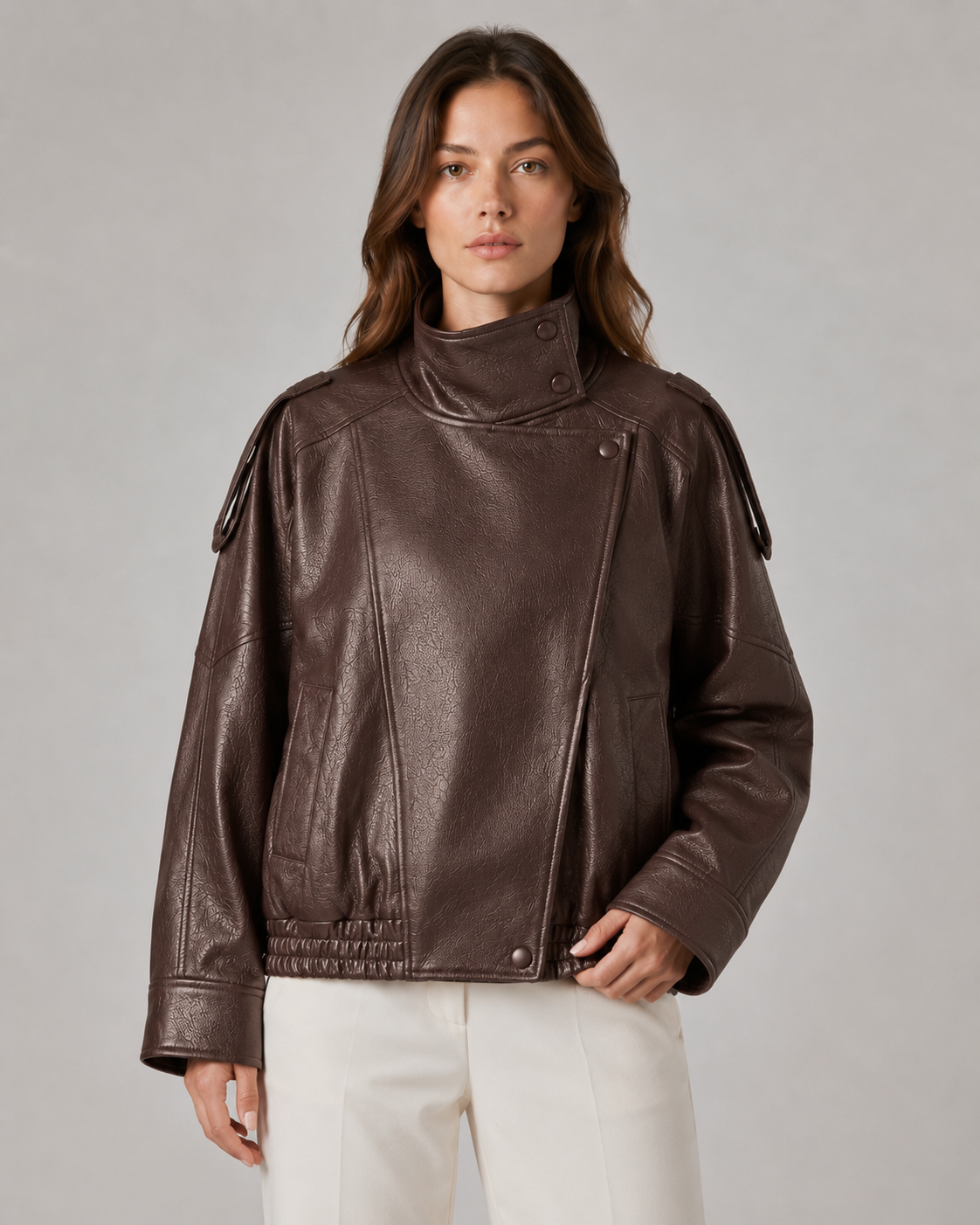 High Neck Zip Front Faux Leather Oversized Jacket