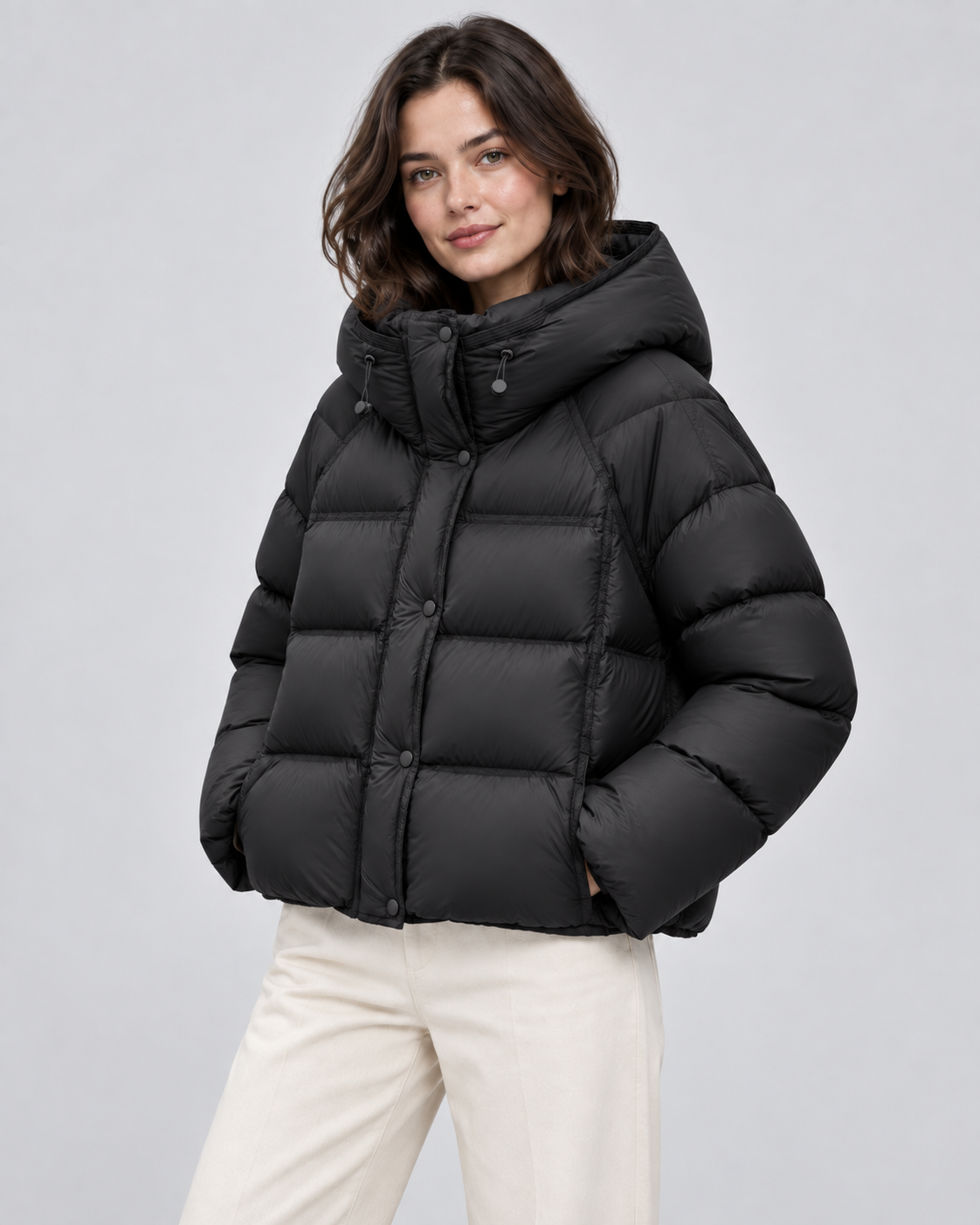Women's Hooded Puffer Jacket - Cropped Funnel Neck Relaxed Fit