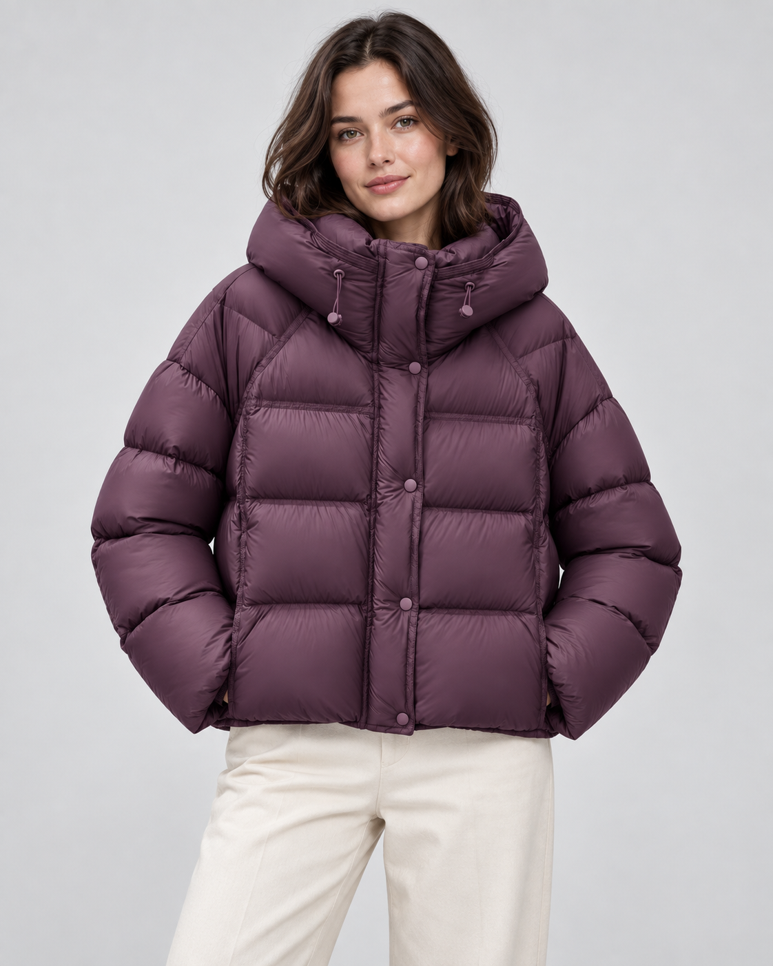 Women's Hooded Puffer Jacket - Cropped Funnel Neck Relaxed Fit