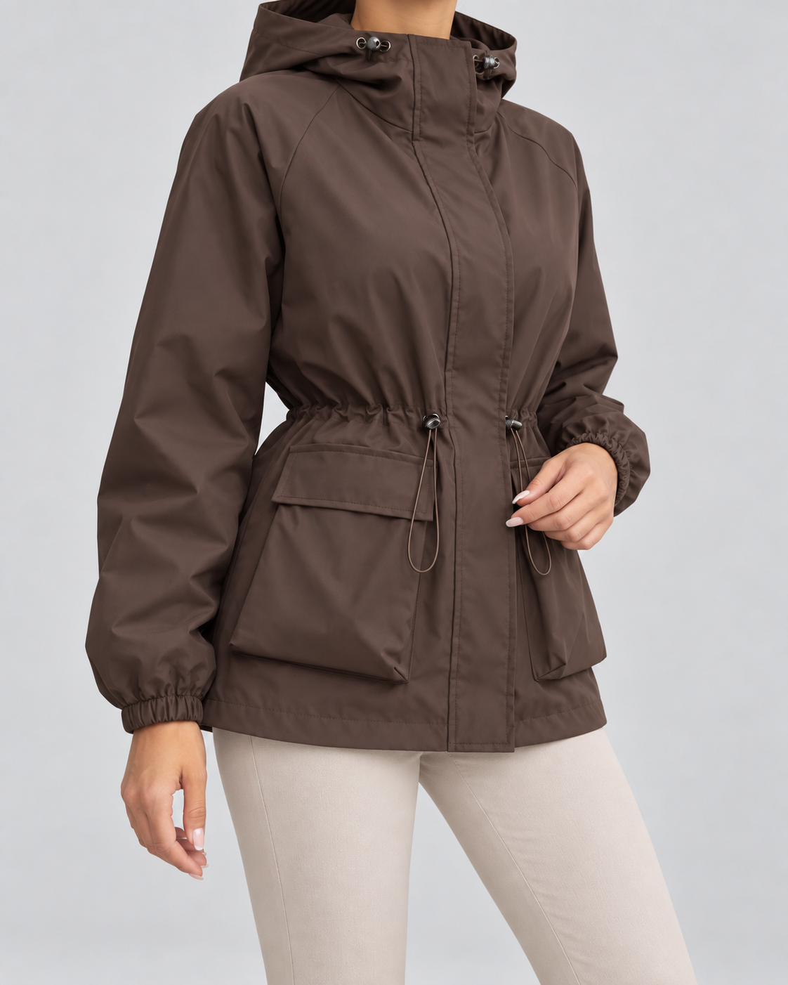 Women's Hooded Utility Jacket - Drawstring Waist Flap Pockets