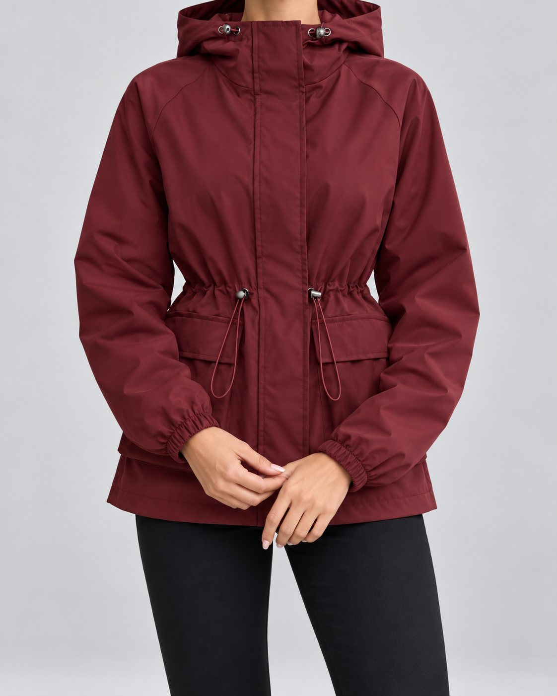 Women's Hooded Utility Jacket - Drawstring Waist Flap Pockets