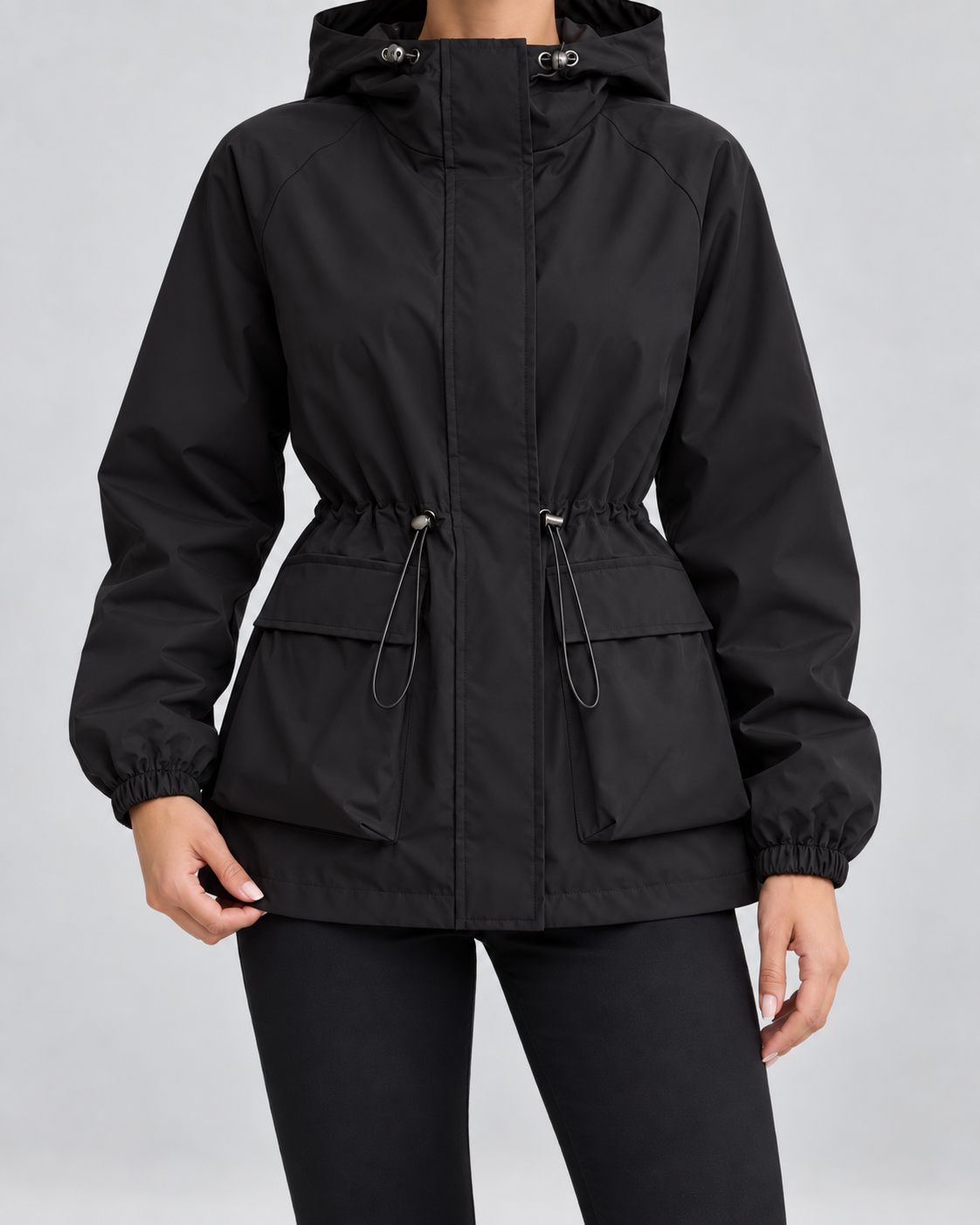 Women's Hooded Utility Jacket - Drawstring Waist Flap Pockets