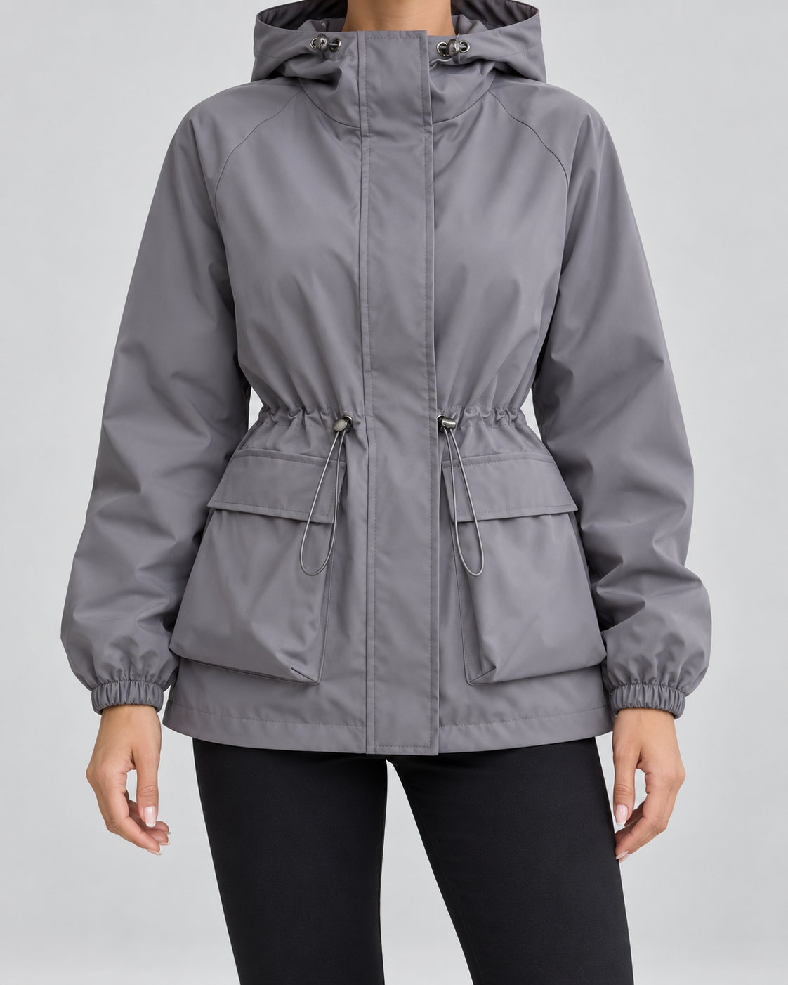 Women's Hooded Utility Jacket - Drawstring Waist Flap Pockets