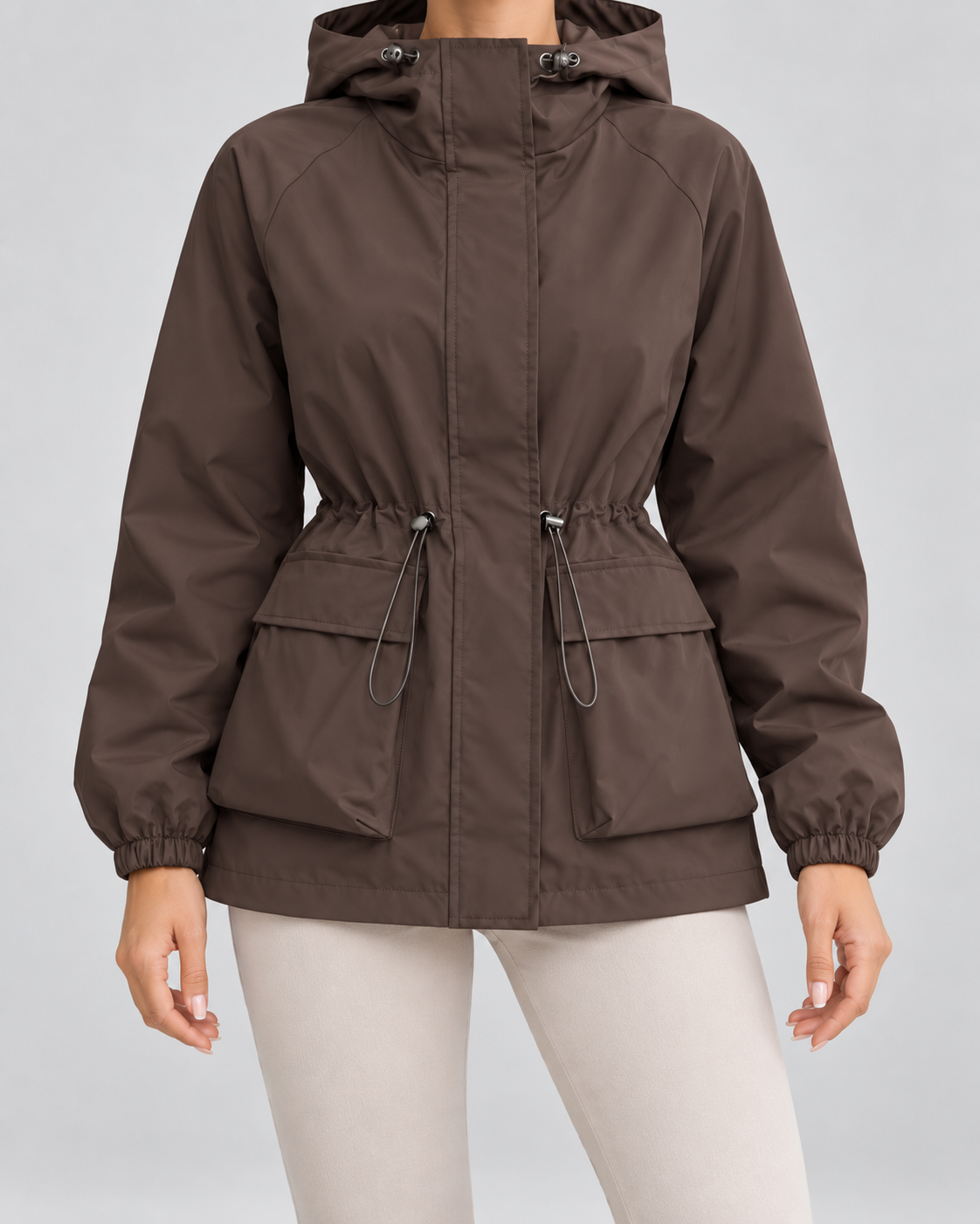 Women's Hooded Utility Jacket - Drawstring Waist Flap Pockets