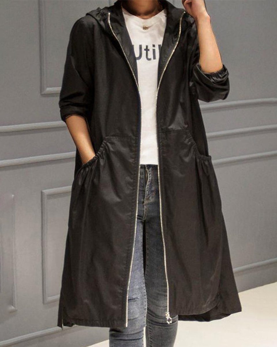 Hooded Zip Front Drawstring Longline Trench Coat