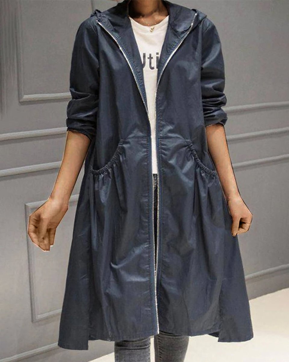 Hooded Zip Front Drawstring Longline Trench Coat
