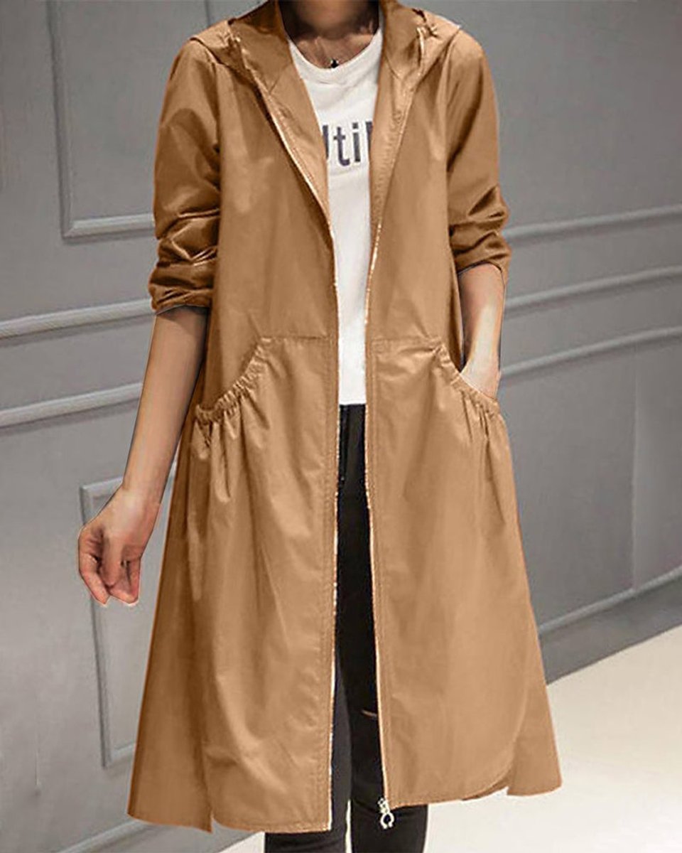 Hooded Zip Front Drawstring Longline Trench Coat