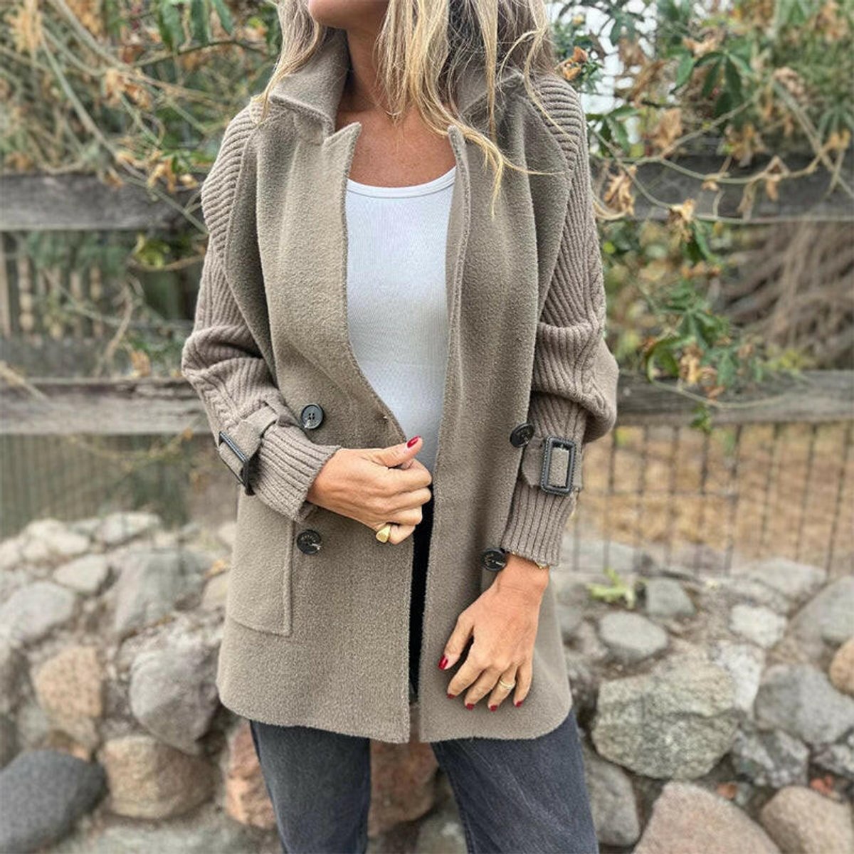 Double Breasted Knit Sleeve Stand Collar Coat