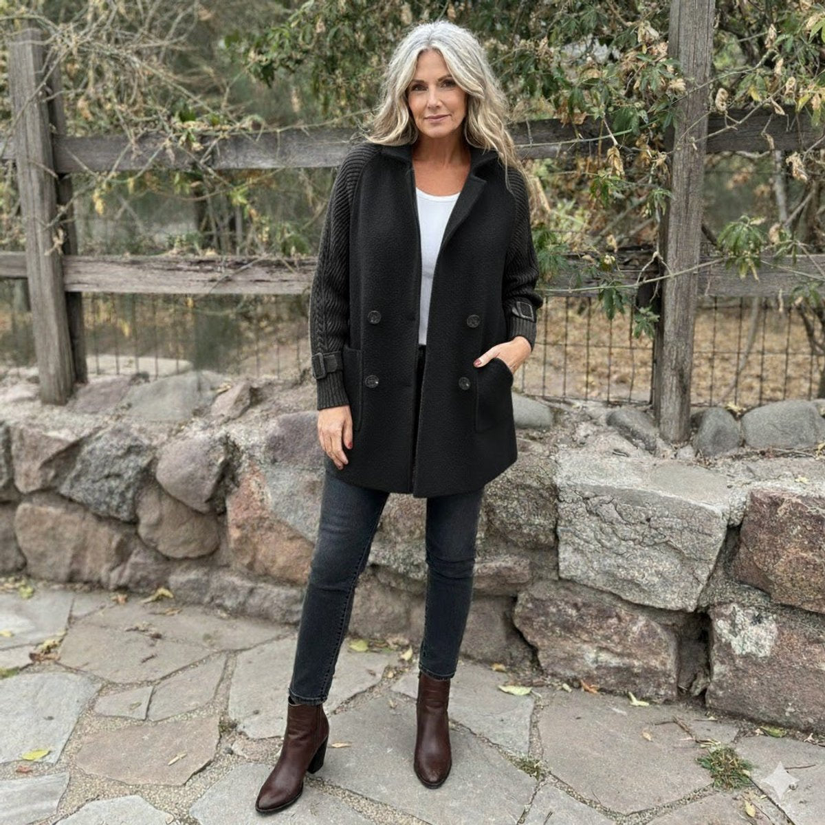 Double Breasted Knit Sleeve Stand Collar Coat