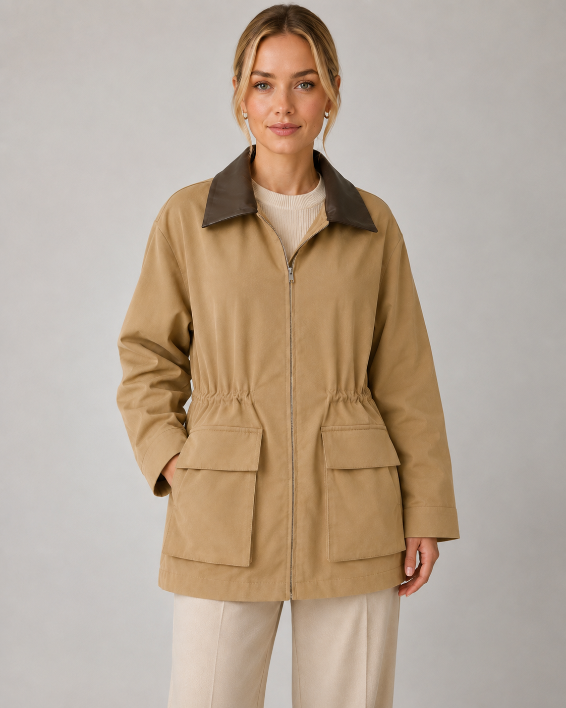 Contrast Collar Zip Front Utility Barn Jacket