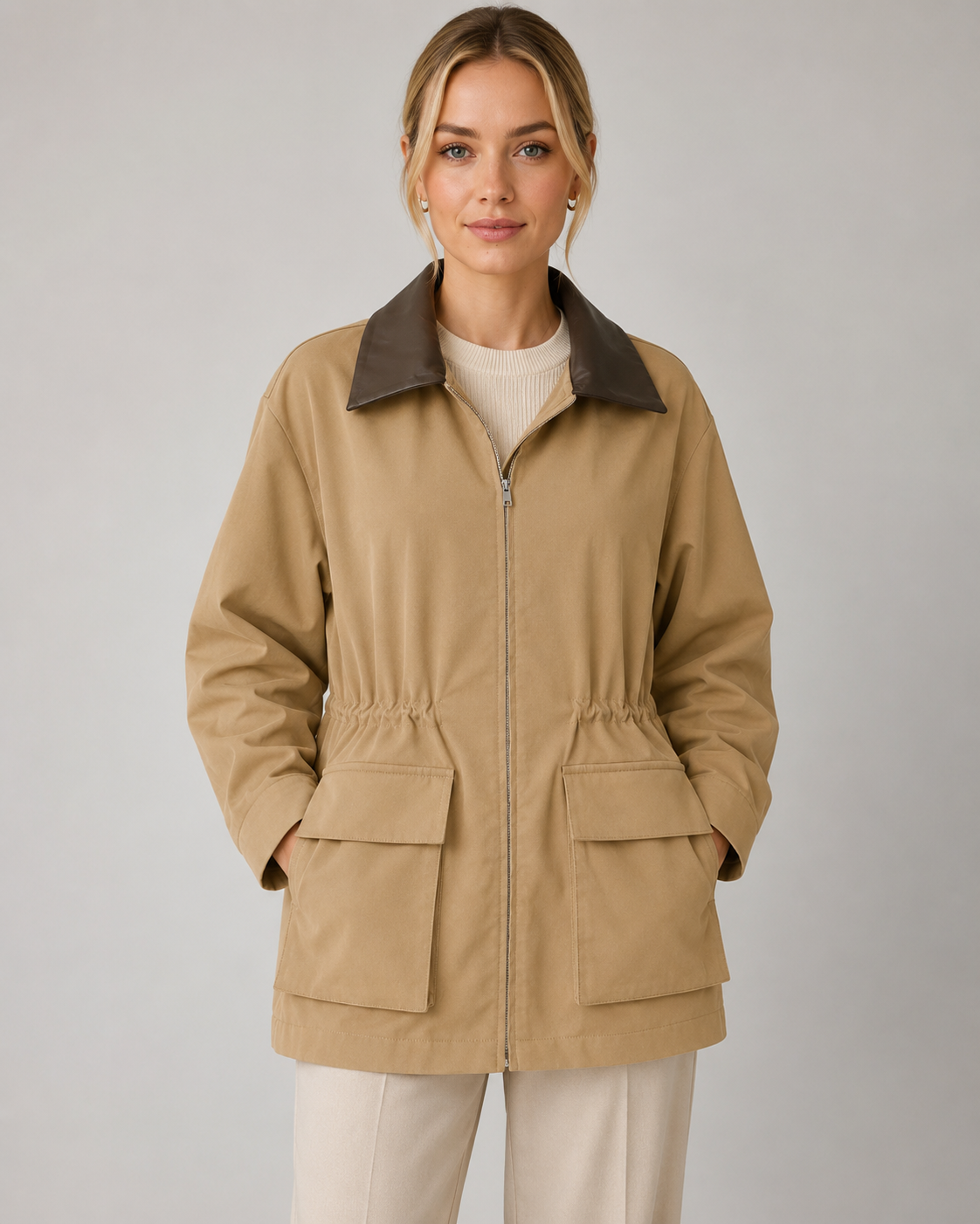 Contrast Collar Zip Front Utility Barn Jacket