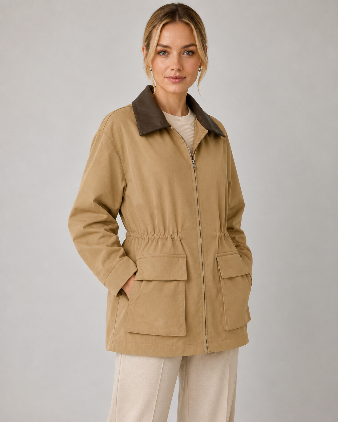 Contrast Collar Zip Front Utility Barn Jacket
