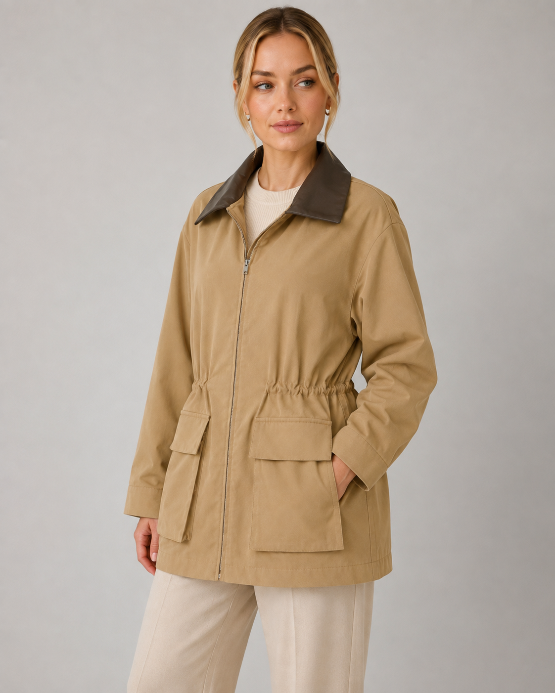 Contrast Collar Zip Front Utility Barn Jacket