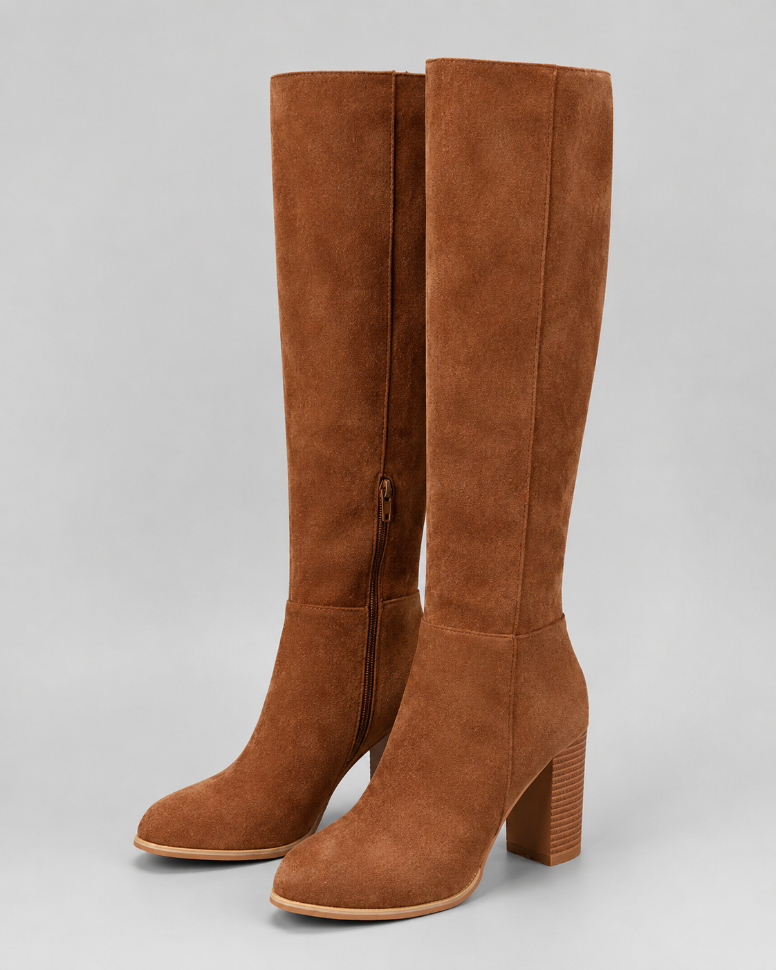 Round Toe Side Zip Block Heel Knee High Boots