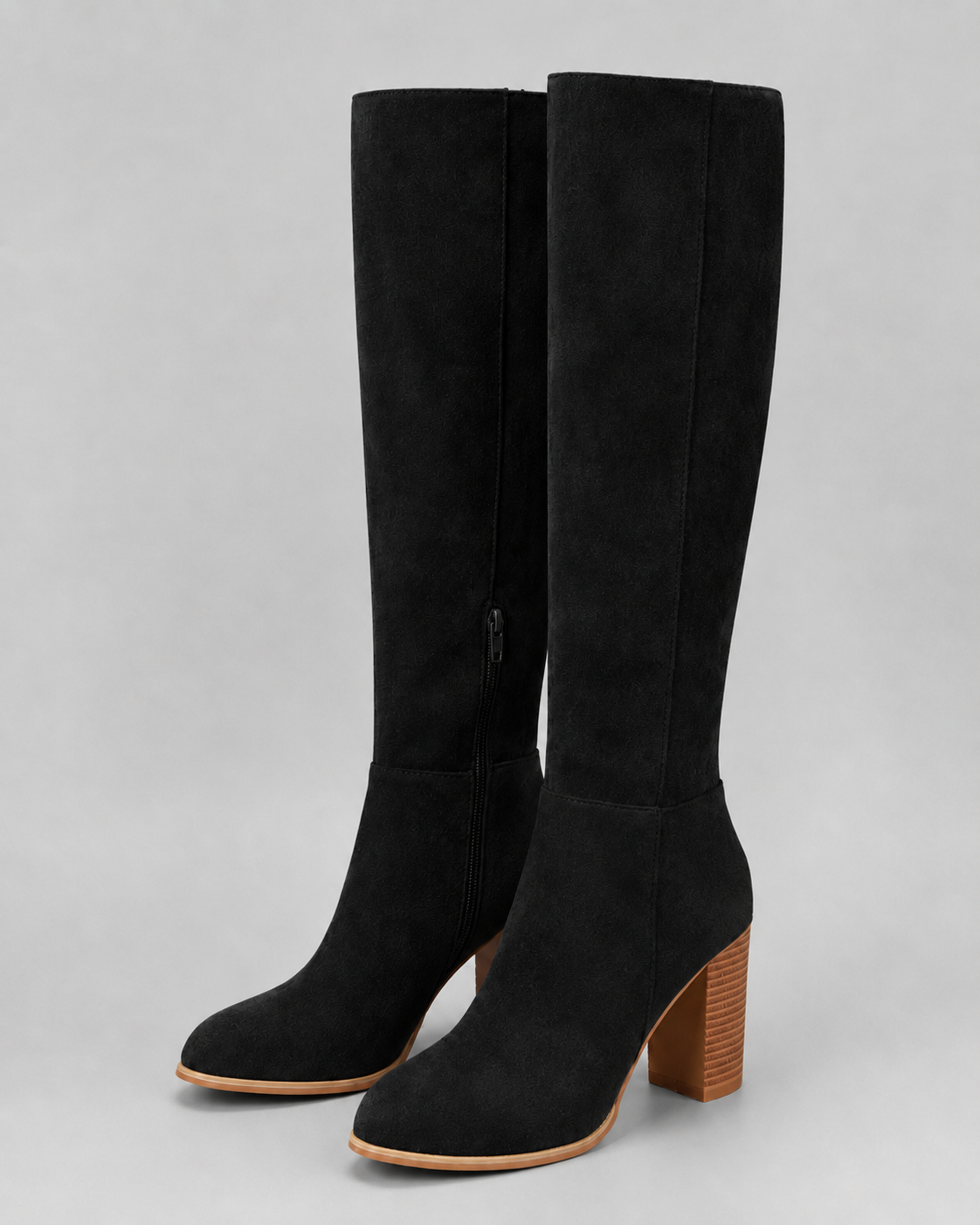 Round Toe Side Zip Block Heel Knee High Boots