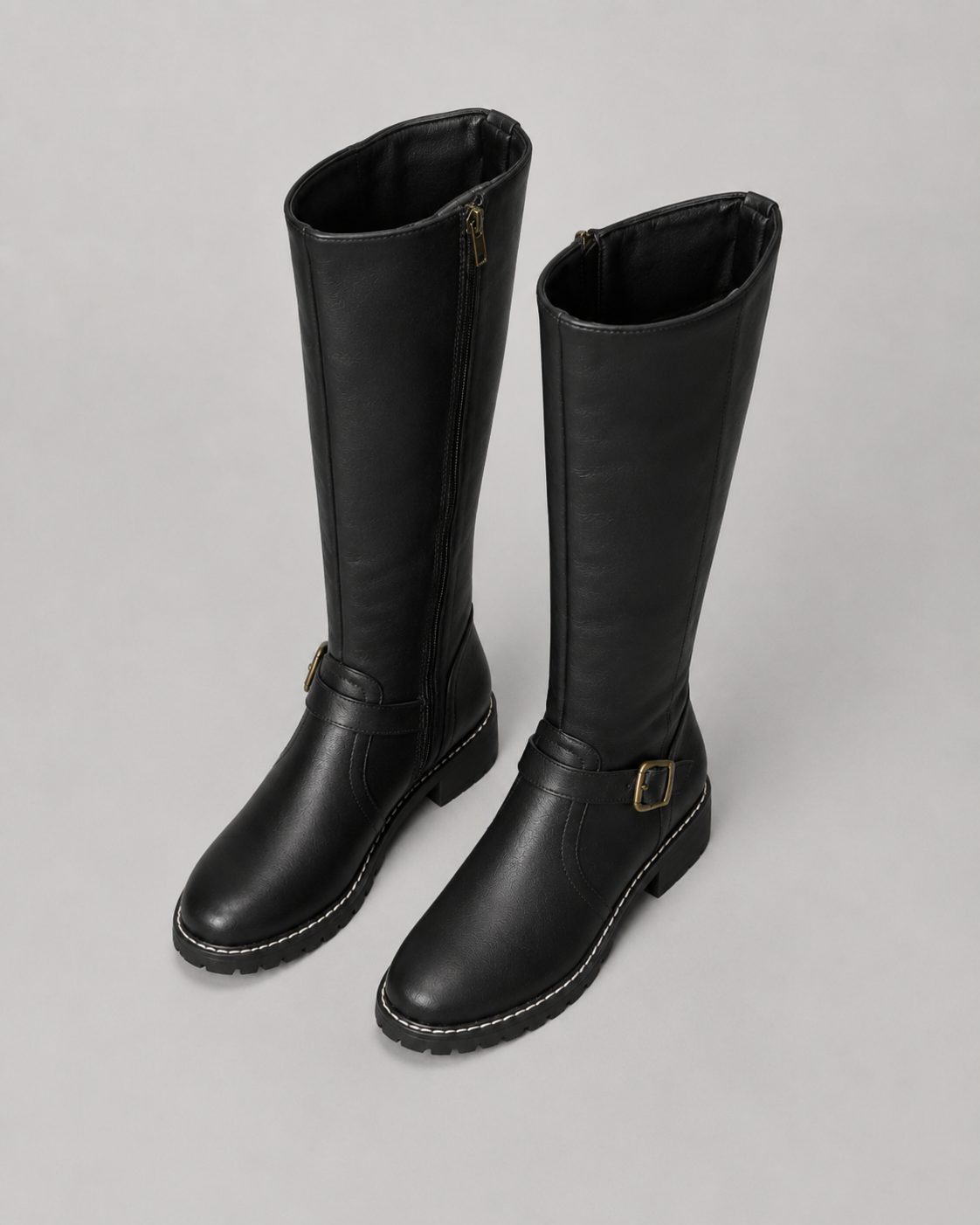 Buckle Side Zip Lug Sole Knee High Boots