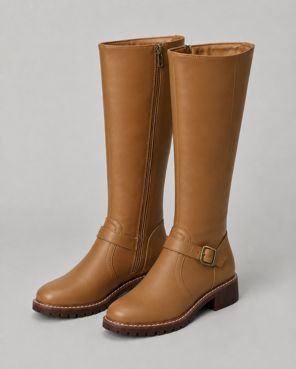 Buckle Side Zip Lug Sole Knee High Boots