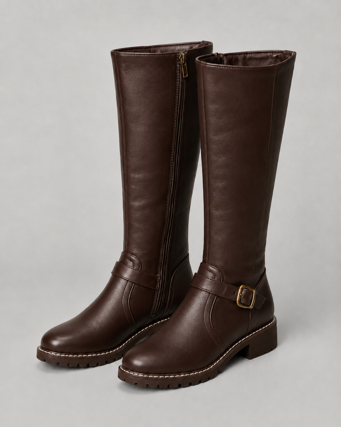 Buckle Side Zip Lug Sole Knee High Boots