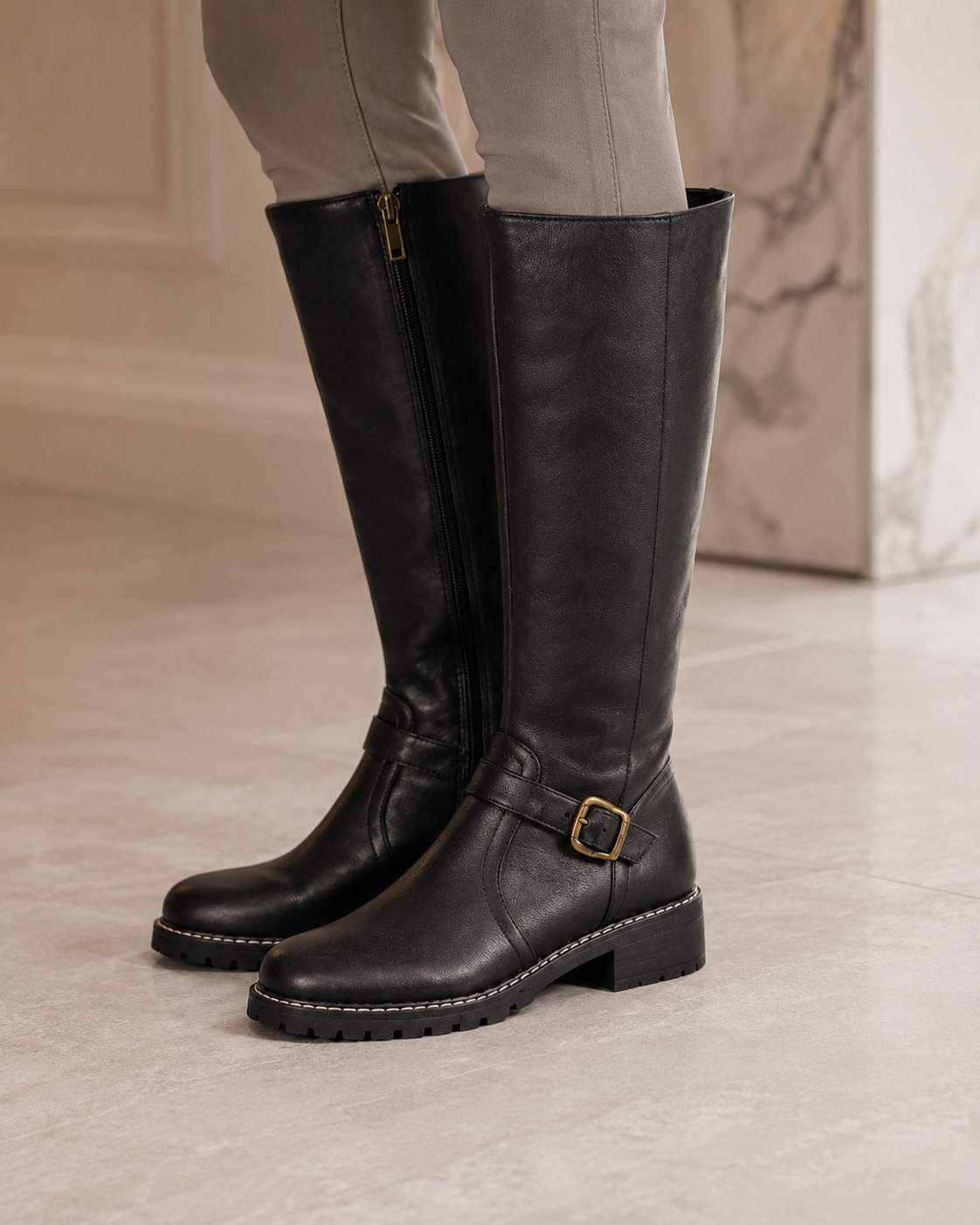 Buckle Side Zip Lug Sole Knee High Boots